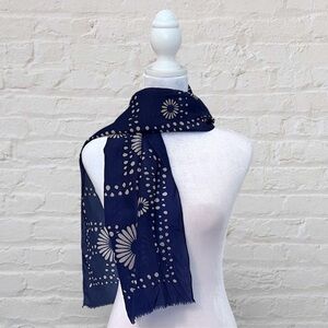 Vintage Rectangular Floral Blue Fringe Edges Long Silk Scarf